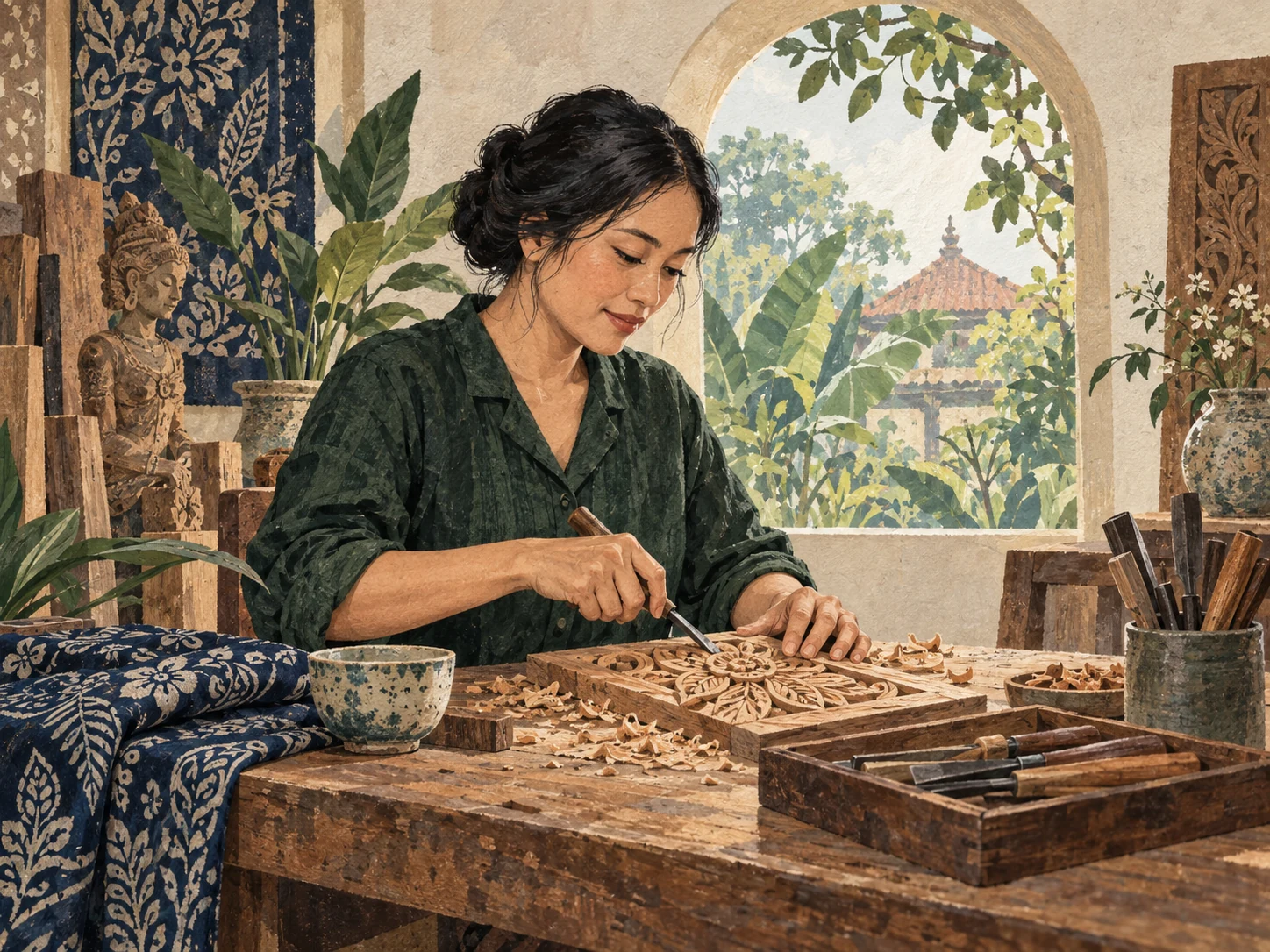 Ilustrasi editorial tangan seorang artisan mengukir kayu di meja kerja