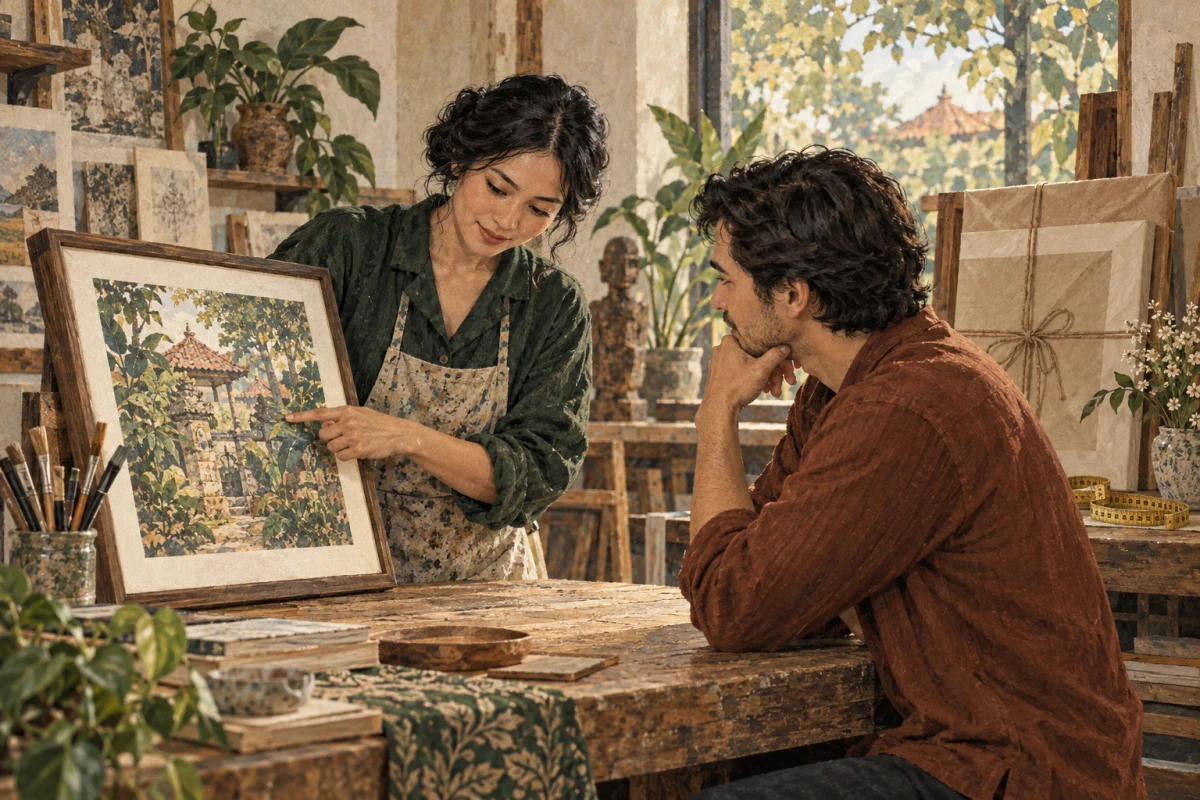 Ilustrasi editorial seniman menunjukkan detail sebuah karya kepada calon pembeli di studio