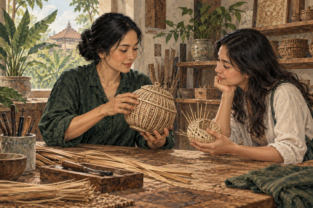 Ilustrasi editorial artisan dan pengunjung membandingkan wadah anyaman dengan contoh konstruksinya